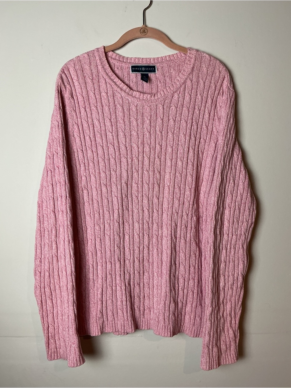 Karen Scott Women’s Pink Cable-Knit Cotton Crew Neck Pullover Sweater XL Preppy